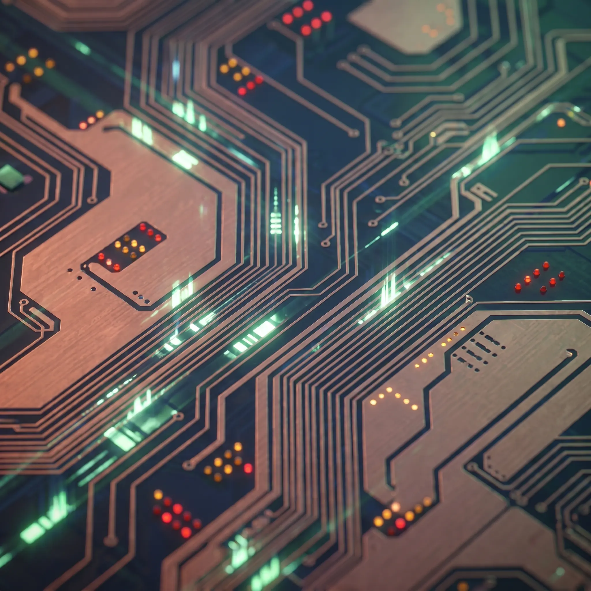 Close view of encrypted packet routes crossing a compact publishing board