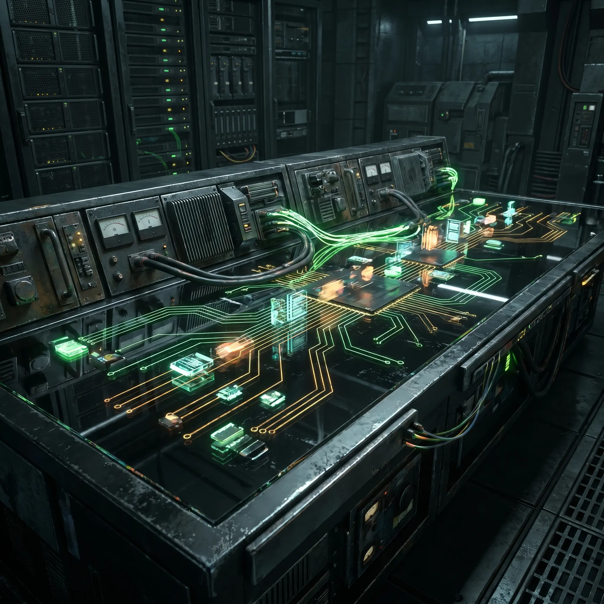 Encrypted publishing console with green and amber circuit traces